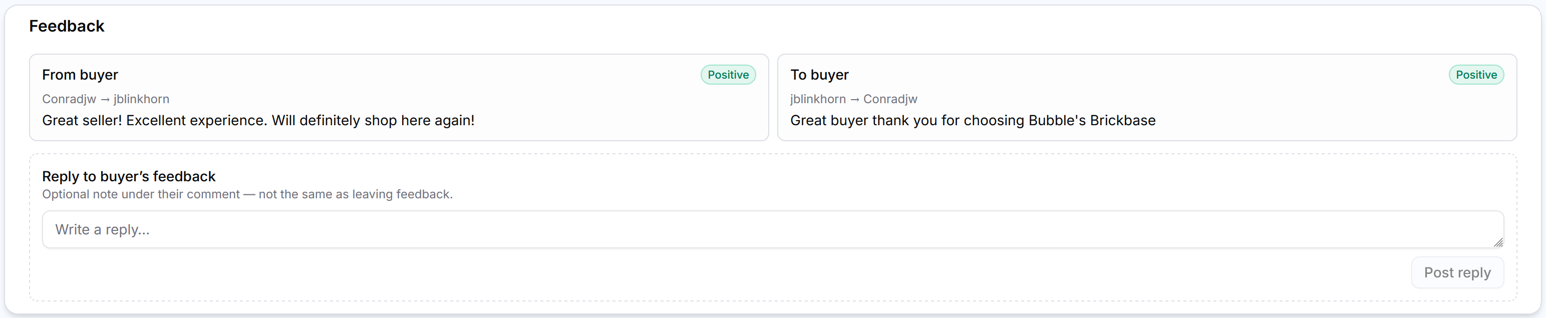 Marketplace Feedback — Leave, Reply, and Optional Auto-Post